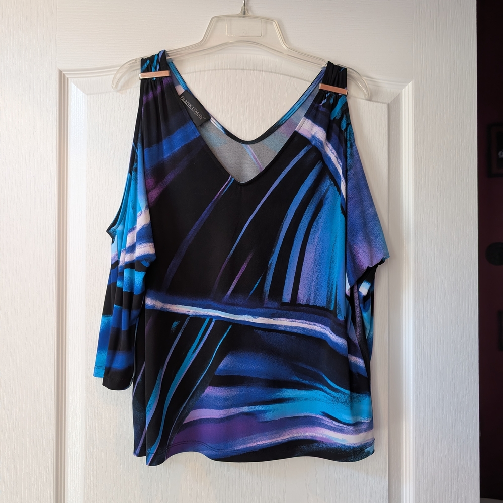 Frank Lyman Black, Purple and Blue Abstract Blouse. Cold Shoulder.  Beautiful!
